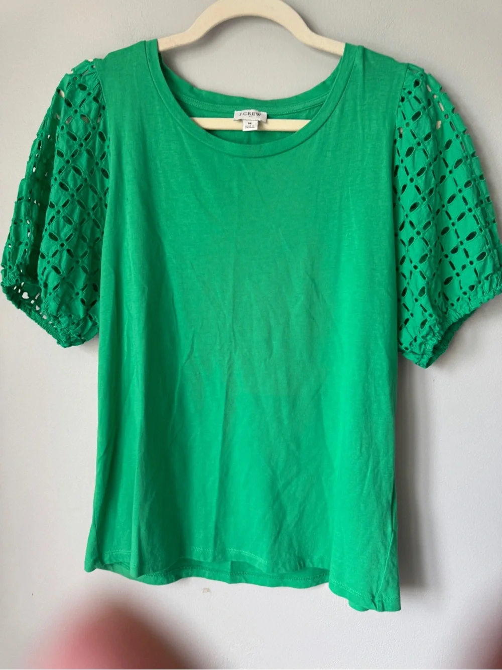 J. Crew Bright Green Eyelet Puff-Sleeve Tee